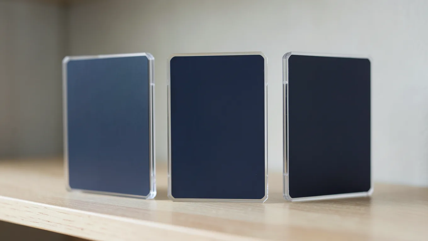 Graded trading cards in clear cases standing on a light oak shelf