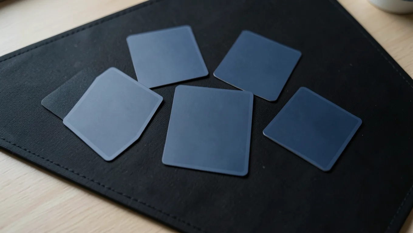 A few sleeved trading cards spread face down on a black mat