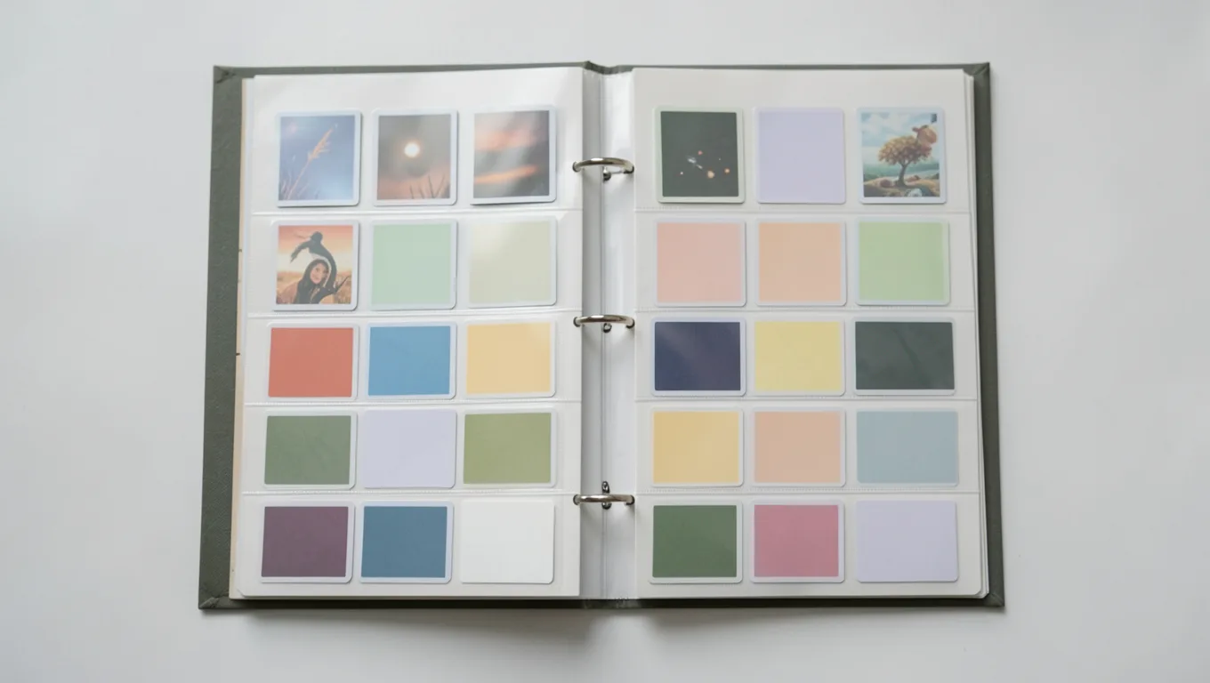 An open card binder with rows of cards in clear pocket pages