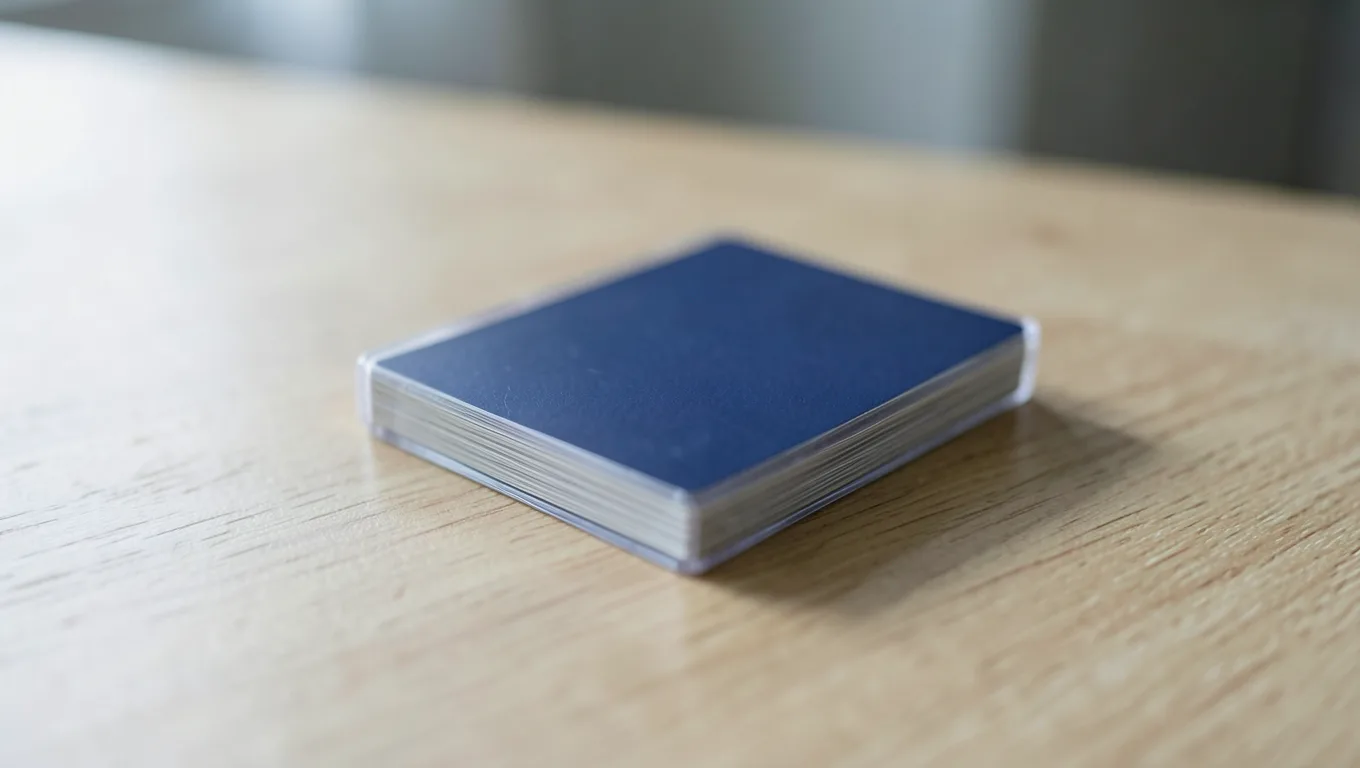 A neat stack of sleeved trading cards on a light oak desk