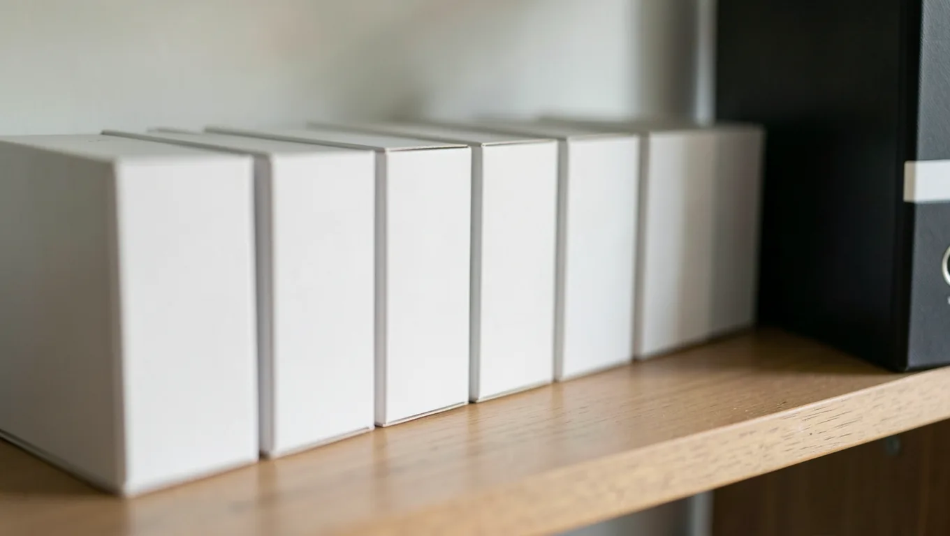Card storage boxes and a binder on a wooden shelf